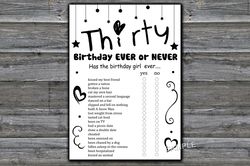 Thirty Birthday ever or never game,Adult Birthday party game-fun games for her-Instant download