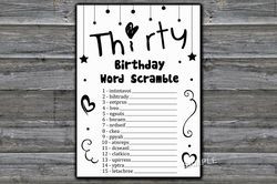 Thirty Birthday Word Scramble Game,Adult Birthday party game-fun games for her-Instant download