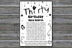 Thirty Birthday Word Search Game,Adult Birthday party game-fun games for her-Instant download