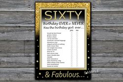 Sixty Birthday ever or never game,Adult Birthday party game-fun games for her-Instant download