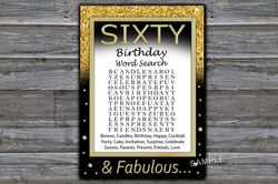 Sixty Birthday Word Search Game,Adult Birthday party game-fun games for her-Instant download