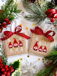 Set 2 of 2 CHRISTMAS GNOMES Ornaments by CrossStitchingForFun, Christmas cross stitch patterns PDF  Instant download