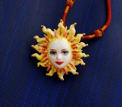 Porcelain Necklace Sun Face Ceramic pendant Fairy figurine sunshiny necklace glad jewelry Gift for her