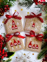 Set of 4 CHRISTMAS GNOMES Ornaments by CrossStitchingForFun, Christmas cross stitch patterns PDF  Instant download