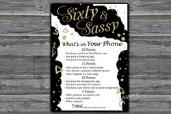 Sixty and Sassy Birthday What's in Your Phone Birthday Party Game,Adult Birthday party game-fun games for her