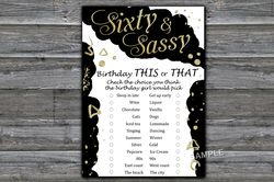 Sixty and Sassy Birthday This or that game,Adult Birthday party game-fun games for her-Instant download
