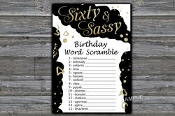 Sixty and Sassy Birthday Word Scramble Game,Adult Birthday party game-fun games for her-Instant download
