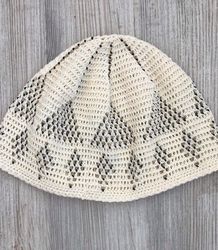Unique short crochet cotton kufi hat with black beads