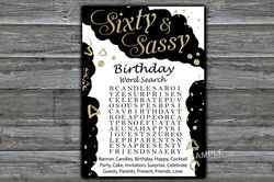 Sixty and Sassy Birthday Word Search Game,Adult Birthday party game-fun games for her-Instant download