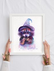 raccoon watercolor print, whimsical watercolor poster, raccoon art, cottagecore decor, witchy art, a4 print