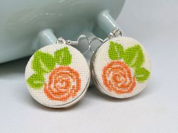 Embroidered earrings for women with orange flower, Cross stitch nature jewelry, Modern gift for women