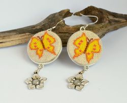 Yellow butterfly embroidered earrings, Cross Stitch jewelry with charm flower, Handcrafted holiday gift for girl