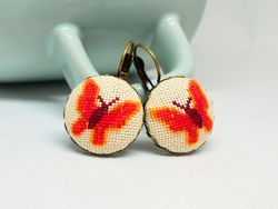 Red butterfly embroidered earrings, Cross stitch butterfly jewelry Nature fabric prom gift for her