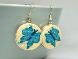 Butterfly turquoise embroidered earrings, Cross stitch nature jewelry, Handcrafted dainty gift for girl