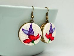 Butterfly flower embroidered earrings, Handcrafted dainty nature gift for women, Cross stitch purple jewelry
