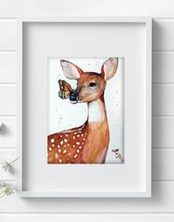Original watercolor painting 8x11 inches deer animal art butterfly by Anne Gorywine