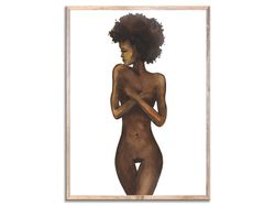 African American Woman Art Print Black Woman Portrait Afro Woman Nude Figure Wall Art Watercolor Painting
