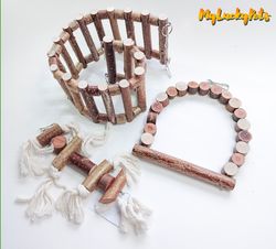 Parrot set made of organic hazel wood. Parrot ladder, Swing and Toy. For Medium birds. Parakeet toy.
