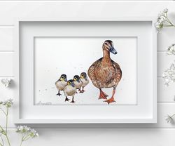 Mallard with ducklings original watercolor 7x10 inch bird painting art by Anne Gorywine