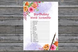 Flowers Birthday Word Scramble Game,Adult Birthday party game-fun games for her-Instant download