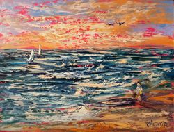 Sailboat Surfing Sea Sunset Seagulls Original Art Oil Painting Artist Svinar Oksana