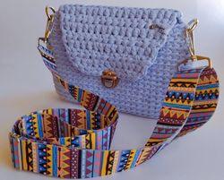 Blue bag. Small bag with colored shoulder strap. crochet bag, crocheted from knitted yarn.