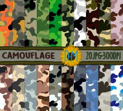 Army Military Camouflage Digital Paper set, 20 seamless patterns for scrapbooking and crafting