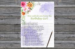 Pink Flowers Birthday Game How well do you know the birthday girl,Adult Birthday party game-fun games for her