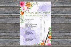 Pink Flowers Birthday ever or never game,Adult Birthday party game-fun games for her-Instant download