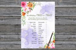 Pink Flowers Birthday This or that game,Adult Birthday party game-fun games for her-Instant download