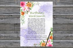Pink Flowers Birthday Word Search Game,Adult Birthday party game-fun games for her-Instant download