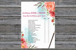 Roses Birthday ever or never game,Adult Birthday party game-fun games for her-Instant download