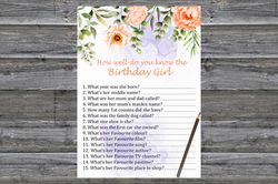 Pastel Flowers How well do you know the birthday girl,Adult Birthday party game-fun games for her-Instant download