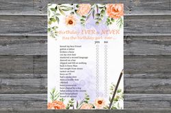 Pastel Flowers Birthday ever or never game,Adult Birthday party game-fun games for her-Instant download