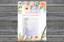 Pastel Flowers Birthday Word Scramble Game,Adult Birthday party game-fun games for her-Instant download