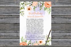 Pastel Flowers Birthday Word Search Game,Adult Birthday party game-fun games for her-Instant download