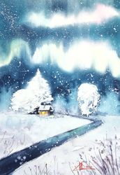 Winter Landscape Painting Aurora Borealis Original Artwork Christmas Watercolor  Art  8" by 12"  by ArtMadeIra
