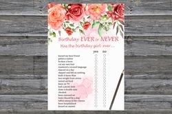 Red Rose Birthday ever or never game,Adult Birthday party game-fun games for her-Instant download