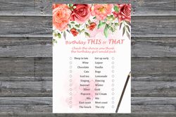 Red Rose Birthday This or that game,Adult Birthday party game-fun games for her-Instant download