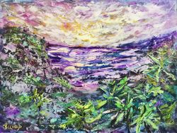 Palm Trees Sunset Sea Original Art Oil Painting Resort Rocks Artist Svinar Oksana