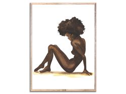 African American Woman Art Print Black Woman Portrait Afro Woman Nude Figure Wall Art Watercolor Painting