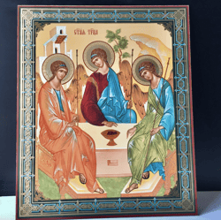 Andrei Rublev: The Holy Trinity - Copy | Wooden Orthodox Icon. Gold silver foiled, 15.7 x 13 inch (40cm x 33 x 0.8 cm)