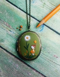 Daisy locket necklace Little girl with balloon Mother's day necklace Birthday gift for mom Child birth gift