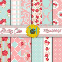 Light Blue Pink Shabby Chic Digital Paper set, Damask Flowers 12 seamless patterns for scrapbooking and crafting