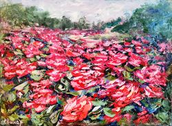 Oil Painting Flower Rose Bushes Trail Landscape Impasto Original Artist Svinar Oksana