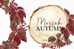 Watercolor fall clipart in marsala colors with berries, leaves, wood slices