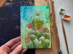 Cactus painting Mini Original art Winter gift Small wall art by Rubinova