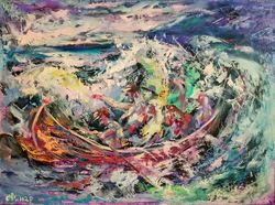 Original Art Oil Painting Boat People Sea Storm Ocean Sunset Artist Svinar Oksana