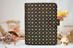 Black and gold reusable planner binder a6 personal agenda cover handmade notebook 2023 organizer faux leather