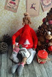 Winter Doll Tilda With Christmas Stocking Christmas Decor Valentine Day Gift Christmas Gift to Girlfriend Sister Friend